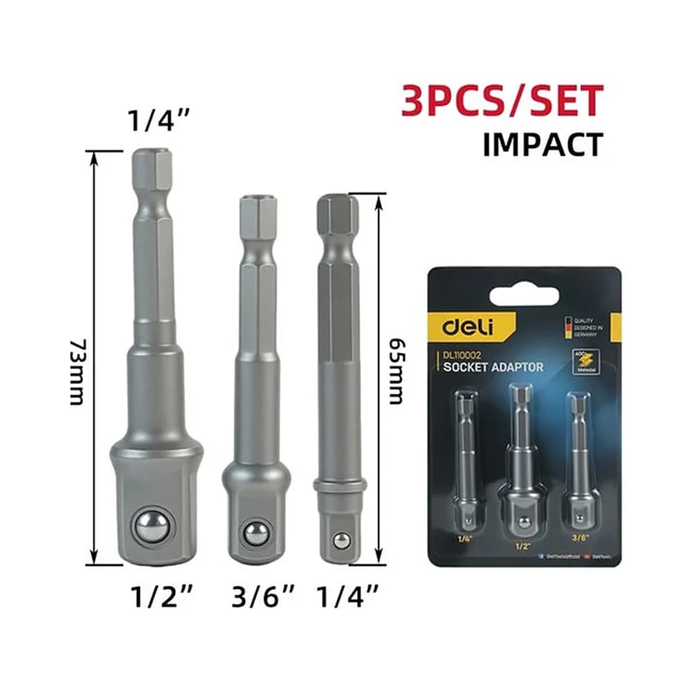 Adaptador Soquete para impacto 1/4", 3/8" e 1/2" (3pcs) Deli