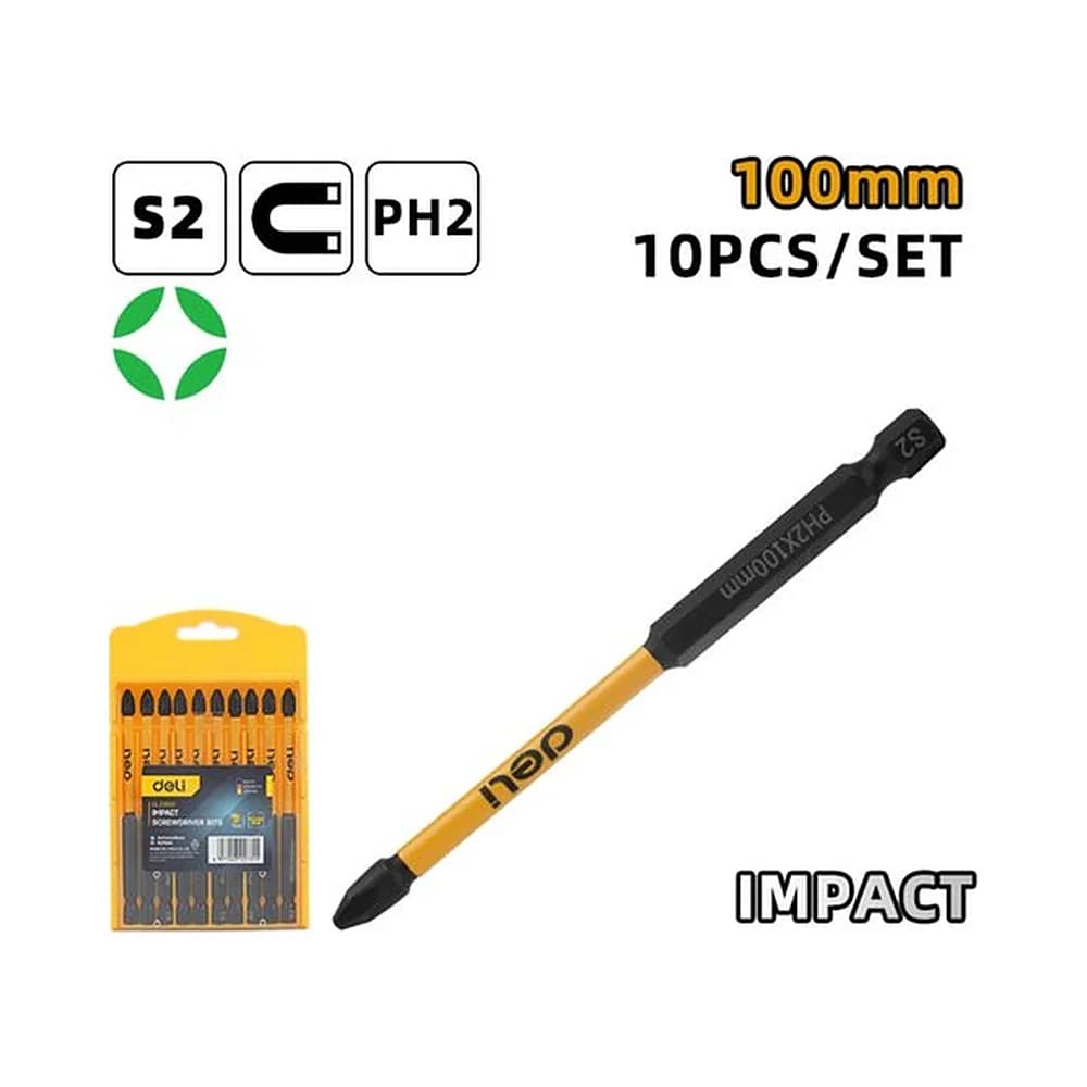 Jogo de bits de Impacto PH2*100mm magnético (10pcs) Deli