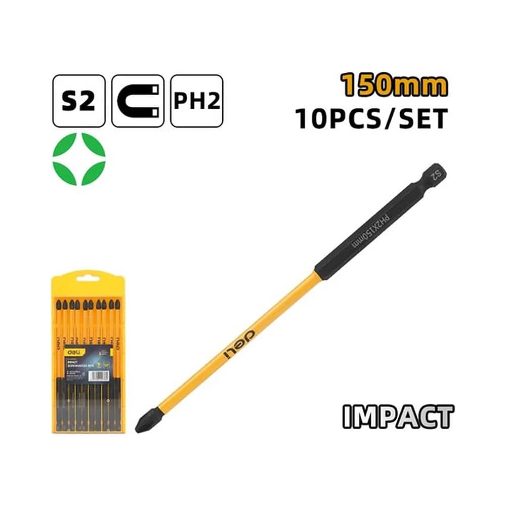 Jogo de bits de Impacto PH2*150mm magnético (10pcs) Deli