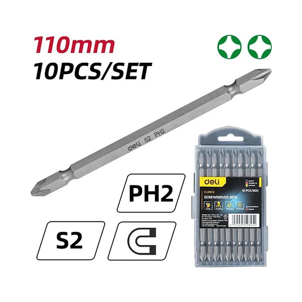 Jogo de bits/ponteiras PH2/PH2 100mm magnético (10pcs) Deli