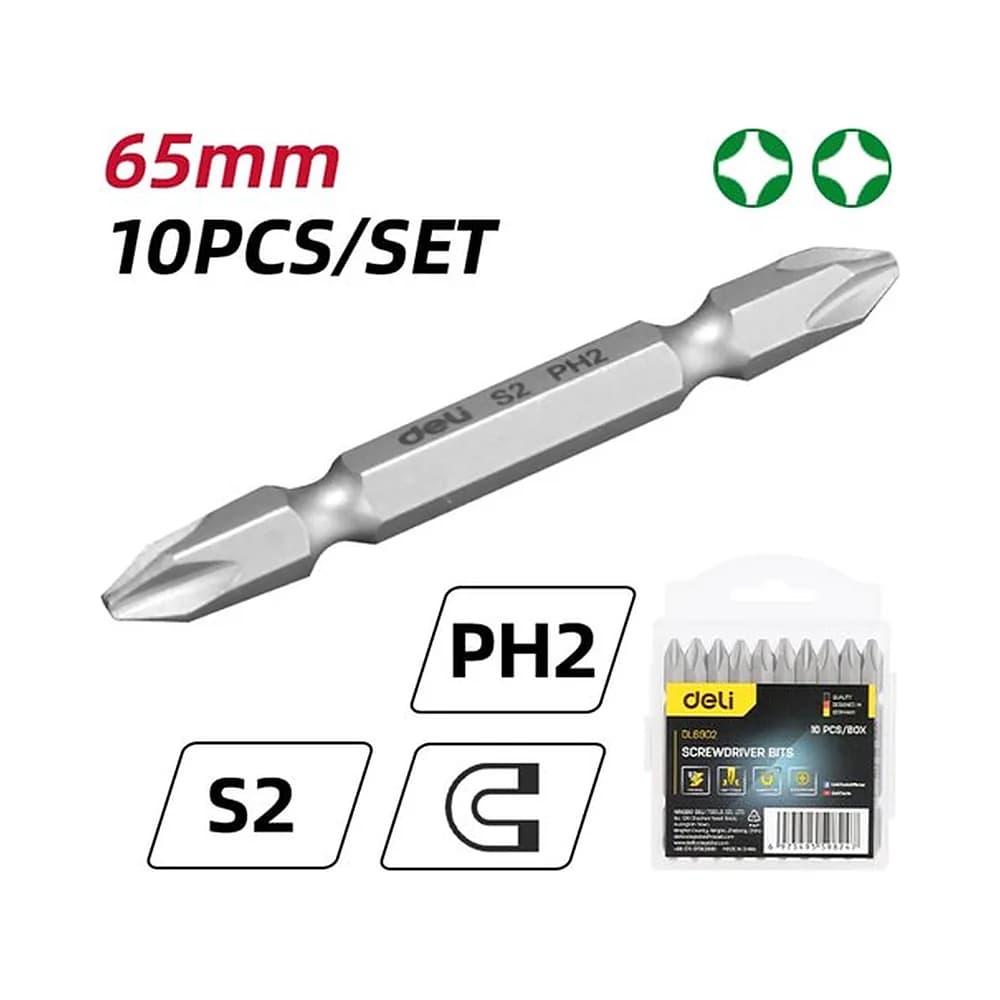 Jogo de bits/ponteiras PH2/PH2 65mm magnético (10pcs) Deli