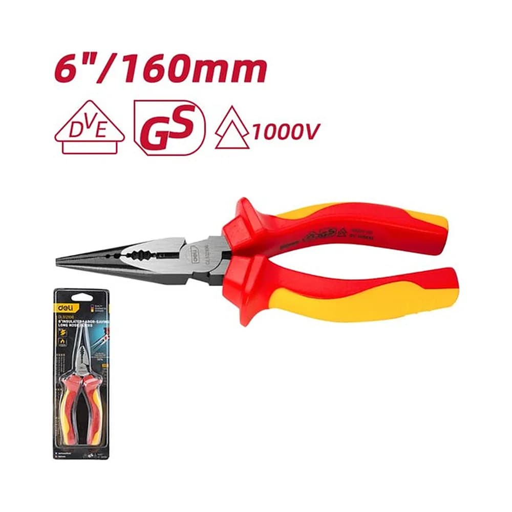 Alicate de bico longo isolado de 6" (alta alavanca) 160mm Deli