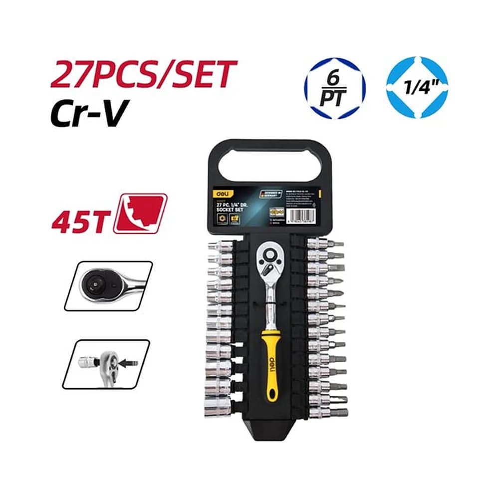 Jogo de catraca 1/4" 45 dentes com soquetes longos de 4 a 14mm e bits SL4 a H7 (27 pcs) Deli