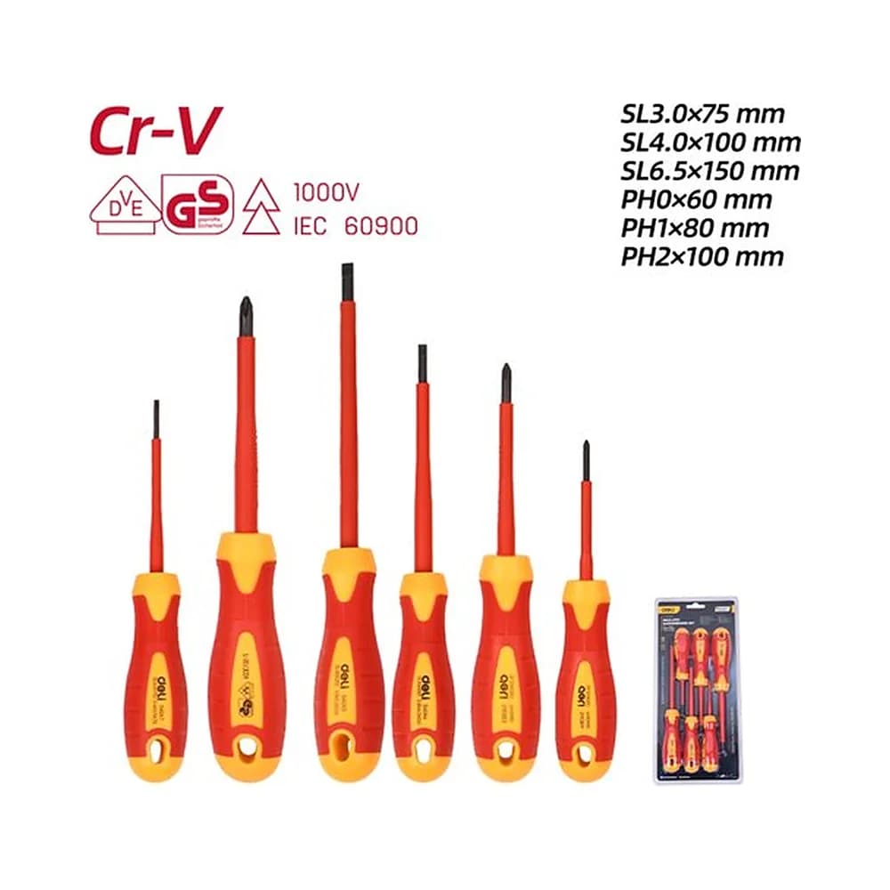 Jogo de chaves de fenda isoladas 1000V (6 peças) 3 a 6,5 e PH0 PH1 e PH2 Deli
